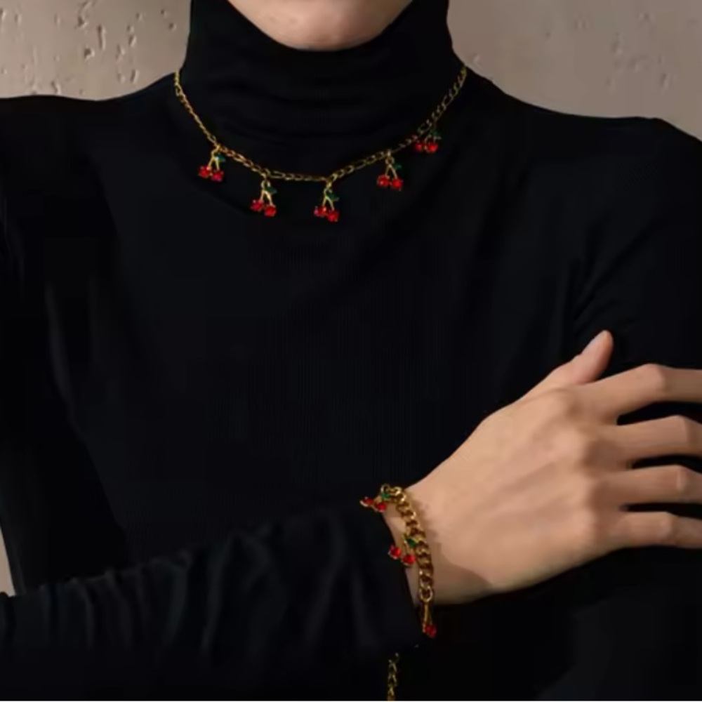 Stainless Steel Cubic Zirconia Cherry Drop Chain Necklace Bracelet Bangle 18K